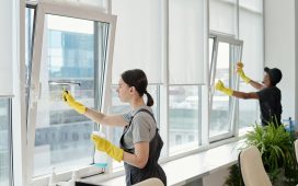 two cleaners are washing windows