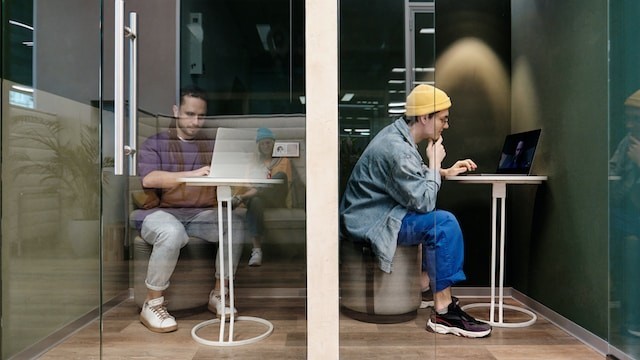 a zoom conference in private offices in a co-working room