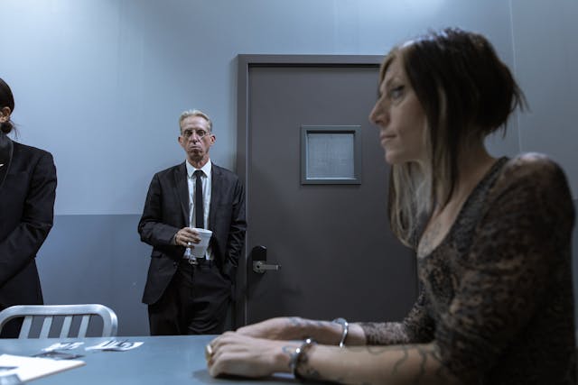 woman in handcuffs in interrogation room