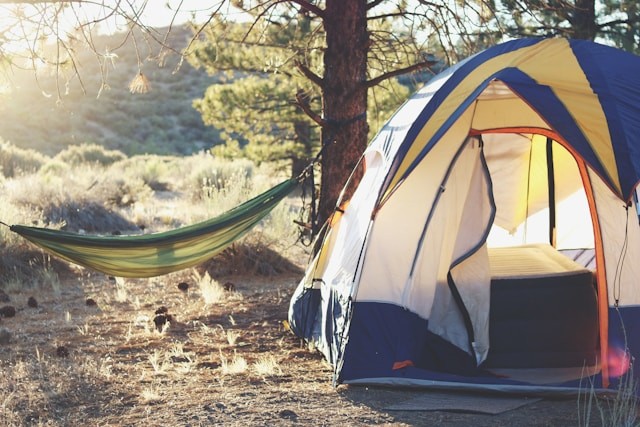 white-yellow-and-blue-dome-tent-near-green-hammock