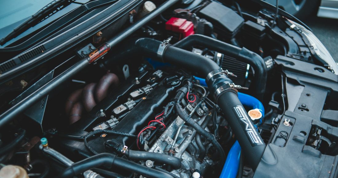 black-and-blue-car-engine-bay
