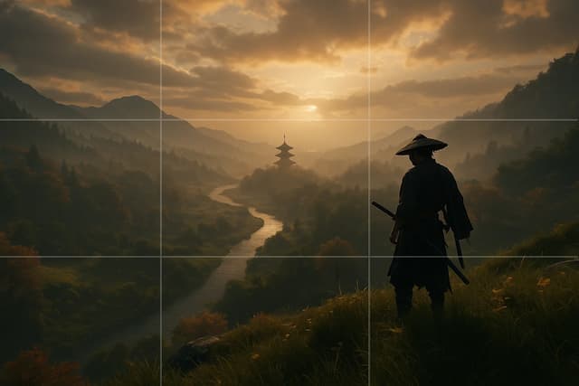A game screenshot demonstrating classic composition techniques, using the Rule of Thirds for the character placement and leading lines in the landscape.