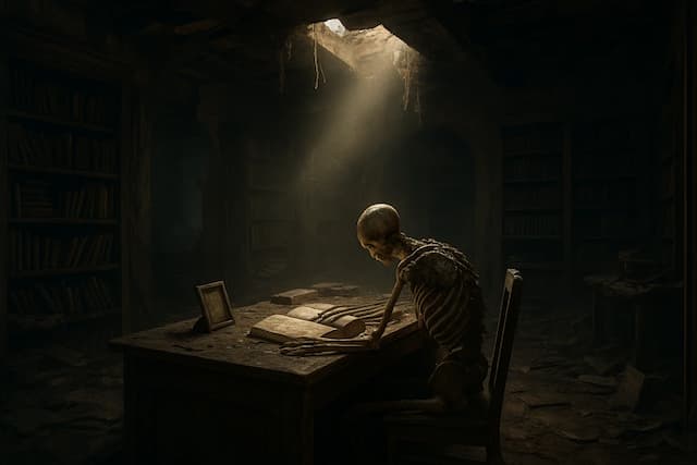 An example of environmental storytelling in a game screenshot, showing a skeleton at a desk in a ruined library, telling a story of loss.