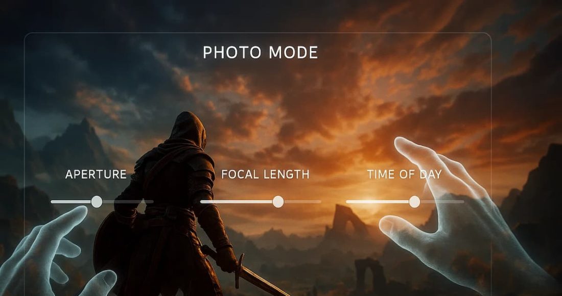 A player actively using a game's photo mode interface to manipulate the camera and lighting, demonstrating the creative process of virtual photography.