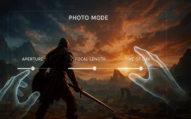 A player actively using a game's photo mode interface to manipulate the camera and lighting, demonstrating the creative process of virtual photography.