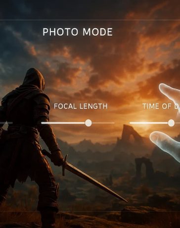 A player actively using a game's photo mode interface to manipulate the camera and lighting, demonstrating the creative process of virtual photography.